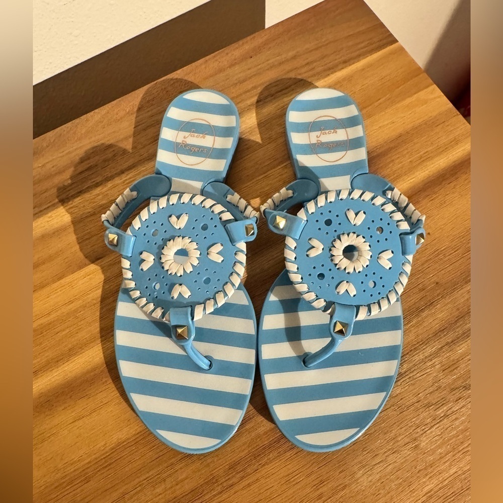 Jack Rogers Georgica Jelly Sandals Nautical Blue White Strip Size 7 EUC